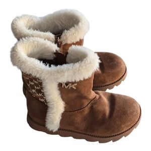 Michael Kors Kaysen Girls Boots Sz 8 Brown Gold Winter Fur MK Logo